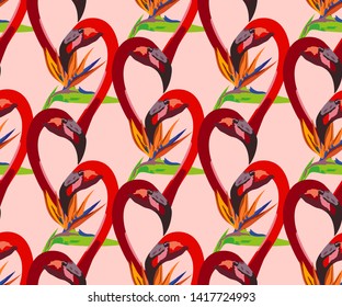 Vector tropical flowers and flamingo pattern. Wallpaper or fabric design vector illustration 