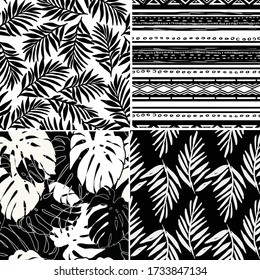 Vector tropical flowers and geometric patterns set. Collection of tropical wallpapers on white and black background. Monochrome exotic patterns.