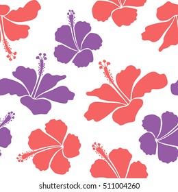 Vector of tropical flowers, hibiscus, dense jungle. Hand painted. Pattern in pink and violet colors with tropic summertime motif may be used as texture, wrapping paper or textile design.