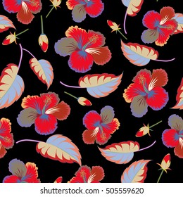 Vector of tropical flowers, hibiscus on a black background, dense jungle. Hand painted. Pattern with tropic summertime motif may be used as texture, wrapping paper or textile design.