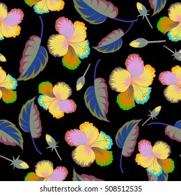 Vector of tropical flowers (hibiscus) with watercolor effect on black background.
