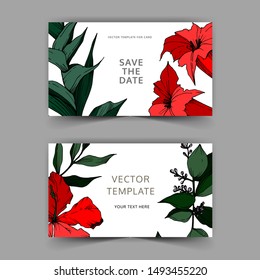 Vector Tropical flowers and leaves. Black and white engraved ink art. Wedding background card floral decorative border. Thank you, rsvp, invitation elegant card illustration graphic set banner.