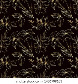 Vector Tropical flowers and leaves isolated. Exotic tropical hawaiian summer. Palm beach tree leaves. Black and white engraved ink art. Seamless background pattern. Fabric wallpaper print texture.