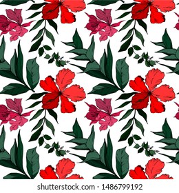Vector Tropical flowers and leaves isolated. Exotic tropical hawaiian summer. Palm beach tree leaves. Black and white engraved ink art. Seamless background pattern. Fabric wallpaper print texture.