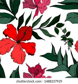 Vector Tropical flowers and leaves isolated. Exotic tropical hawaiian summer. Palm beach tree leaves. Black and white engraved ink art. Seamless background pattern. Fabric wallpaper print texture.
