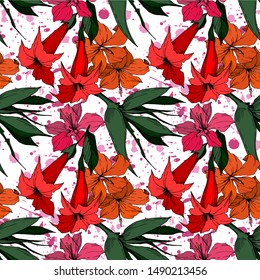 Vector Tropical flowers and leaves isolated. Exotic tropical hawaiian summer. Palm beach tree leaves. Black and white engraved ink art. Seamless background pattern. Fabric wallpaper print texture.