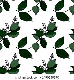 Vector Tropical flowers and leaves isolated. Exotic tropical hawaiian summer. Palm beach tree leaves. Black and white engraved ink art. Seamless background pattern. Fabric wallpaper print texture.
