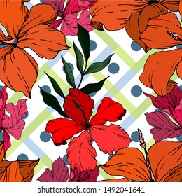 Vector Tropical flowers and leaves isolated. Exotic tropical hawaiian summer. Palm beach tree leaves. engraved ink art. Seamless background pattern. Fabric wallpaper print texture.