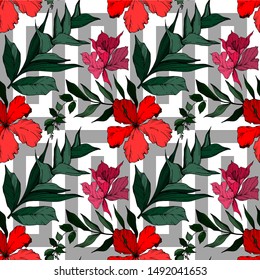 Vector Tropical flowers and leaves isolated. Exotic tropical hawaiian summer. Palm beach tree leaves. engraved ink art. Seamless background pattern. Fabric wallpaper print texture.