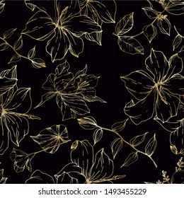 Vector Tropical flowers and leaves isolated. Exotic tropical hawaiian summer. Palm beach tree leaves. Black and white engraved ink art. Seamless background pattern. Fabric wallpaper print texture.