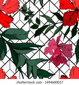 Vector Tropical flowers and leaves isolated. Exotic tropical hawaiian summer. Palm beach tree leaves. Black and white engraved ink art. Seamless background pattern. Fabric wallpaper print texture.