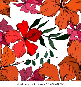 Vector Tropical flowers and leaves isolated. Exotic tropical hawaiian summer. Palm beach tree leaves. Black and white engraved ink art. Seamless background pattern. Fabric wallpaper print texture.
