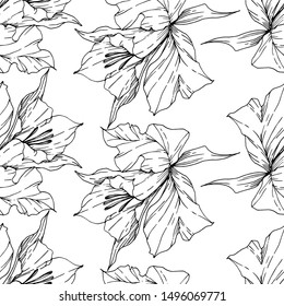 Vector Tropical flowers and leaves isolated. Exotic tropical hawaiian summer. Palm beach tree leaves. Black and white engraved ink art. Seamless background pattern. Fabric wallpaper print texture.