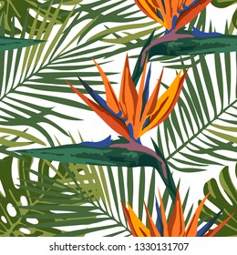 Vector tropical flowers and leaves pattern. Exotic seamless pattern ornament. Vector pattern. 
