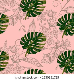 Vector tropical flowers and leaves pattern. Exotic seamless pattern ornament. Vector pattern. 