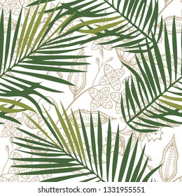 Vector tropical flowers and leaves pattern. Exotic seamless pattern ornament. Vector pattern. 