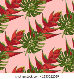 Vector tropical flowers and leaves pattern. Exotic seamless pattern ornament. Vector pattern. 