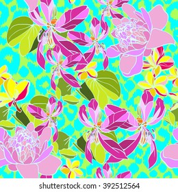 Vector tropical flowers on a colorful leopard print background. Hand drawn floral illustration of blossom flowers and plants.