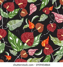 Vector Tropical flowers and palm leaves seamless pattern. Floral exotic Hawaiian background. Blooming elements texture. Jungle plants print