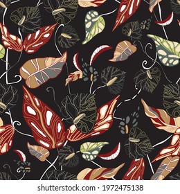 Vector Tropical flowers and palm leaves seamless pattern. Floral exotic Hawaiian background. Blooming elements texture. Jungle plants print