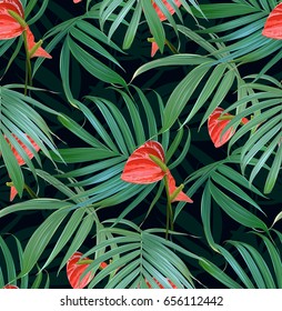 Vector Tropical flowers and palm leaves seamless pattern. Floral exotic Hawaiian background. Blooming elements.Jungle plants. Ideal for fabric,wallpaper,wrapping paper, textile, bedding,t-shirt print.