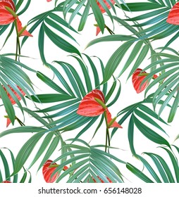 Vector Tropical flowers and palm leaves seamless pattern. Floral exotic Hawaiian background. Blooming elements isolated. Hand drawn jungle plants