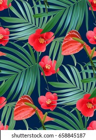Vector Tropical flowers and palm leaves seamless pattern. Floral exotic Hawaiian background. Blooming elements isolated. Hand drawn jungle plants