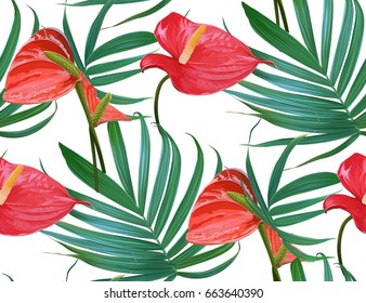 Vector Tropical flowers and palm leaves seamless pattern. Floral exotic Hawaiian background. Blooming elements.Jungle plants. Ideal for fabric,wallpaper,wrapping paper, textile, bedding,t-shirt print.