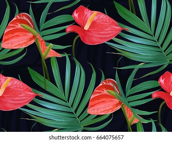 Vector Tropical flowers and palm leaves seamless pattern. Floral exotic Hawaiian background. Blooming elements.Jungle plants. Ideal for fabric,wallpaper,wrapping paper, textile, bedding,t-shirt print.