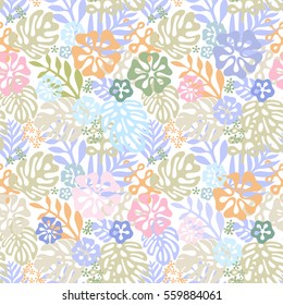 Vector tropical flowers patten. Seamless design with simple botanical elements of paradise. Aloha Hawaii vector editable file. Pastel tone colors on white background 