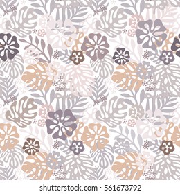 Vector tropical flowers patten. Seamless design with simple botanical elements of paradise. Aloha Hawaii vector editable file. Delicate lilac colors on white background 