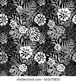 Vector tropical flowers patten. Seamless design with simple botanical elements of paradise. Aloha Hawaii vector editable file. Black and white colors background 