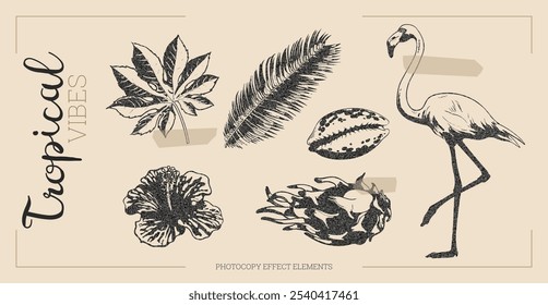 Vector of tropical flowers with photocopy effect, flamingo, hibiscus, and coconut. Colorful for summer decor and nature-inspired designs.