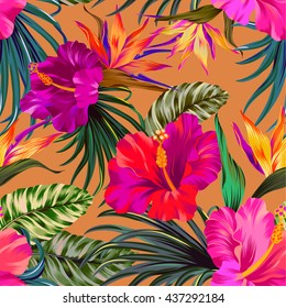 vector tropical flowers. seamless aloha pattern.