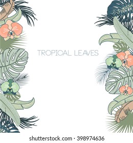 Vector tropical foliage and flowers frame, green and turquoise colors