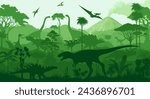 vector tropical forest with Albertosaurus, Kentrosaurus, Stegosaurus, Tyrannosaurus, triceratops, Quetzalcoatlus,  Parasaurolophus,  Brachiosaurus and pterodactyl