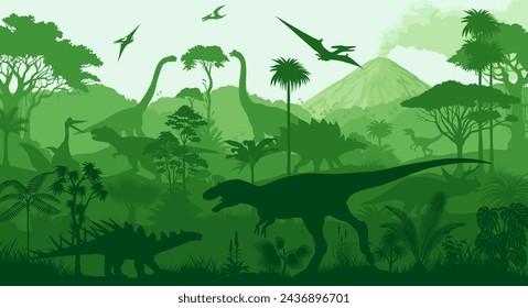 vector tropical forest with Albertosaurus, Kentrosaurus, Stegosaurus, Tyrannosaurus, triceratops, Quetzalcoatlus,  Parasaurolophus,  Brachiosaurus and pterodactyl