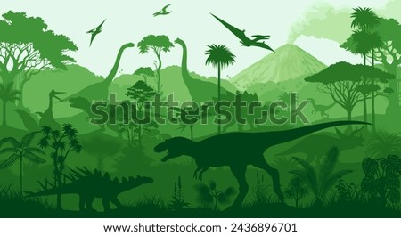 vector tropical forest with Albertosaurus, Kentrosaurus, Stegosaurus, Tyrannosaurus, triceratops, Quetzalcoatlus,  Parasaurolophus,  Brachiosaurus and pterodactyl