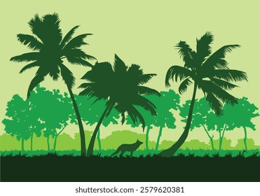 Vector Tropical Forest with Palm Trees, Wildlife and Animal Silhouette. Ideal for nature and wildlife designs, posters, and digital backgrounds. Great for eco-friendly and adventure themes.