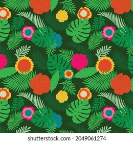 Vector tropical forest pattern with colorful flowers and green leaves