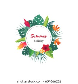 Vector tropical frame with exotic leaves and flower isolated on a white background