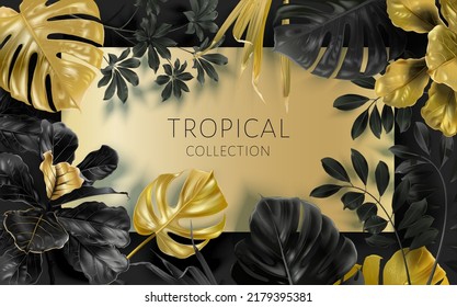 Vector tropical frame with gold leaves on black background. Luxury exotic botanical design for cosmetics, wedding invitation, summer banner, spa, perfume, beauty, travel, packaging design