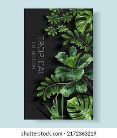 Vector tropical frame with green leaves on black background. Luxury exotic botanical design for cosmetics, wedding invitation, summer banner, spa, perfume, beauty, travel, packaging design