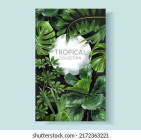 Vector tropical frame with green leaves on black background. Luxury exotic botanical design for cosmetics, wedding invitation, summer banner, spa, perfume, beauty, travel, packaging design