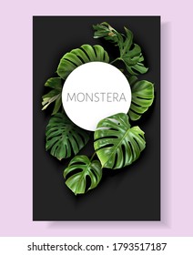 Vector tropical frame with green monstera leaves on black background. Luxury exotic botanical design for cosmetics, wedding invitation, summer banner, spa, perfume, beauty, travel, packaging design