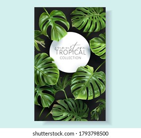 Vector tropical frame with green monstera leaves on black background. Luxury exotic botanical design for cosmetics, wedding invitation, summer banner, spa, perfume, beauty, travel, packaging design