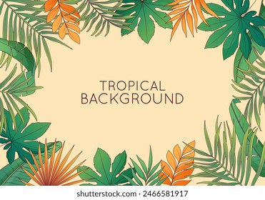 Vector tropical frame with leaves of aralia, areca, banana palm. Tropical leaves illustration. 