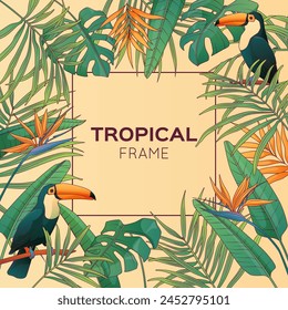 Vector tropical frame with leaves of monstera, strelitzia. Ramphastos bird illustration.  Vector illustration of plant of bird of paradise. Tucan bird. 