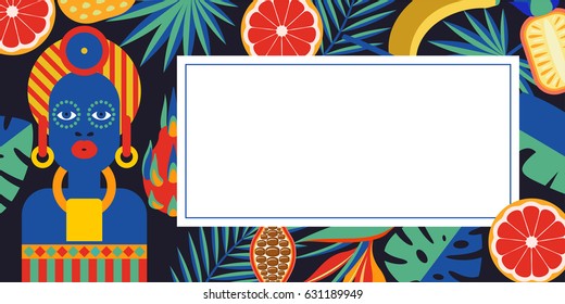 Vector tropical frame with place for text. Bright illustration with a black woman, tropical fruits and palm leaves.