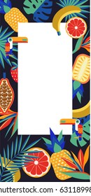 Vector tropical frame with place for text. Vivid illustration with tropical fruits, birds Toucan, palm leaves.